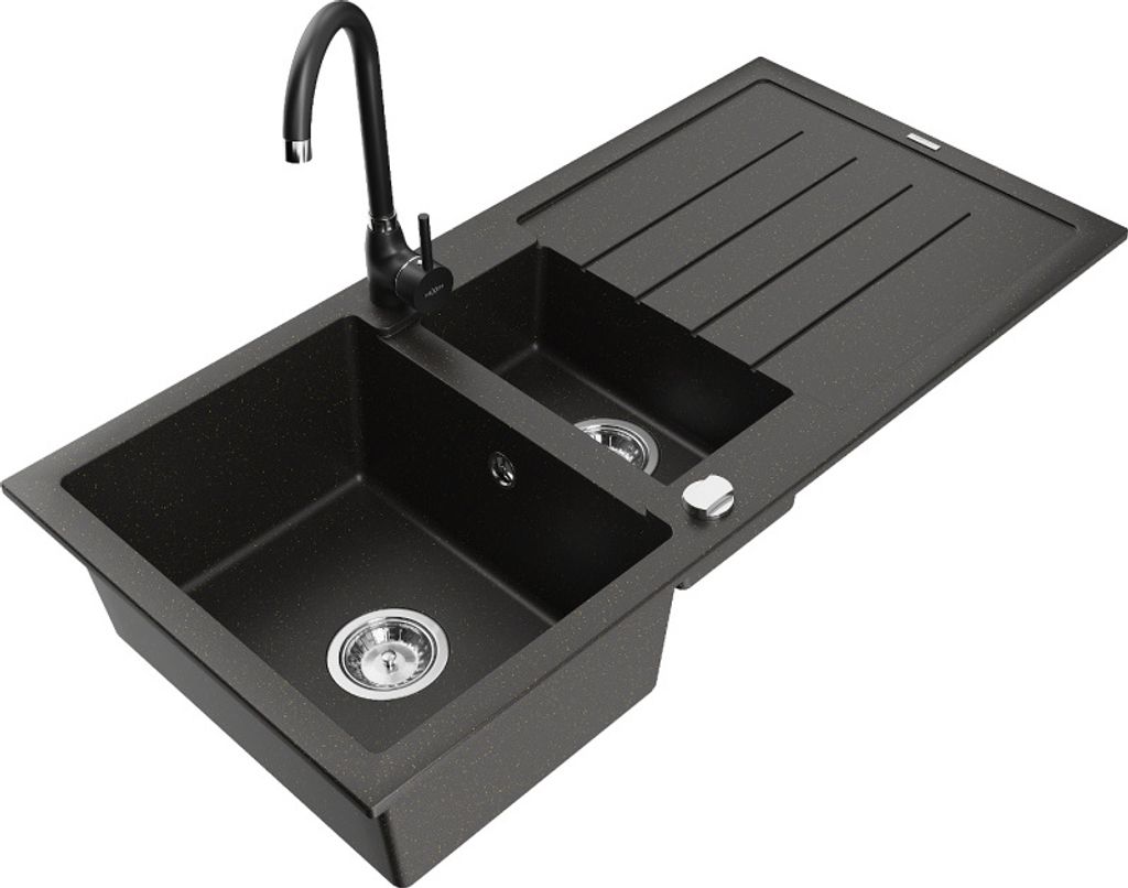 Mexen Andres 1,5-Becken-Granitspüle mit Abtropffläche und Mischbatterie Telma, Schwarz/Gold - 6515-75-670200-70