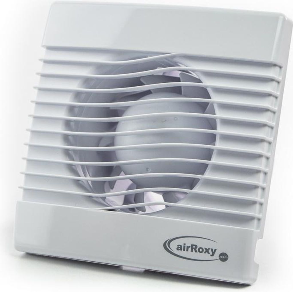 A white bathroom fan with a grille and visible fan blades, set against a white background.