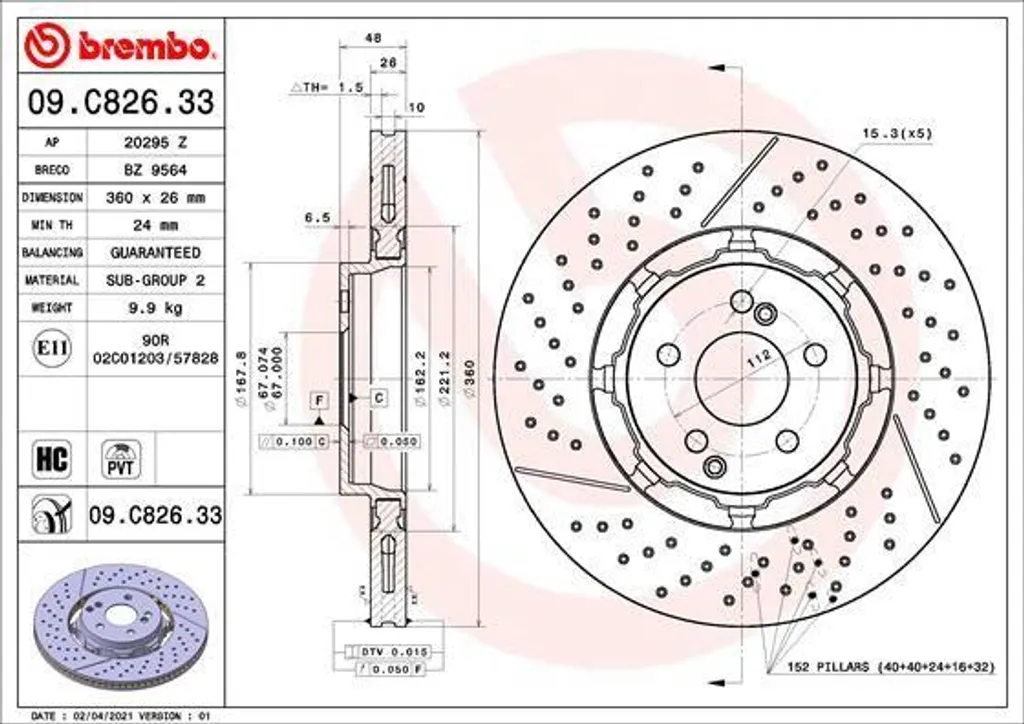 Brembo 09.C826.33 Disque de frein OE 2134230000 pour Mercedes Classe E