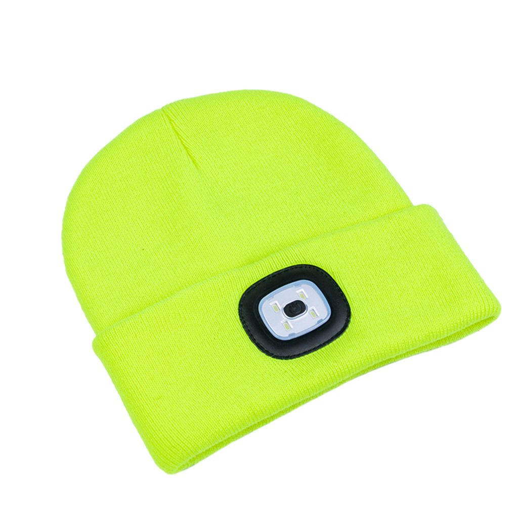 Damen Herren beleuchtete Mütze USB-Aufladung LED-Beanie-Mütze Stirnlampe Strickmütze Uni Winter-Strickmütze mit 4 LEDs Licht-Fluoreszierendes Gelb