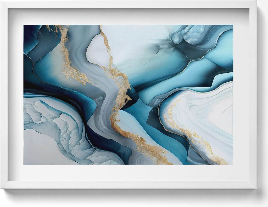 Flüssige Marmortextur mit Gold– Wandbild mit Rahmen – Gerahmtes Bild – Wanddekoration – 70x50 cm – Weiß Rahmen