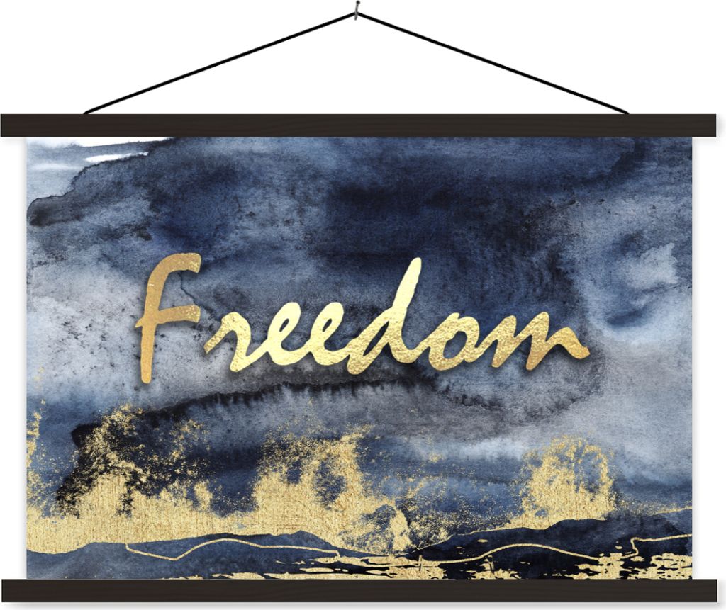 MuchoWow Textilposter Zitat - Freiheit - Gold - Schwarz 120x80 cm mit schwarzem Rahmen - Wanddeko