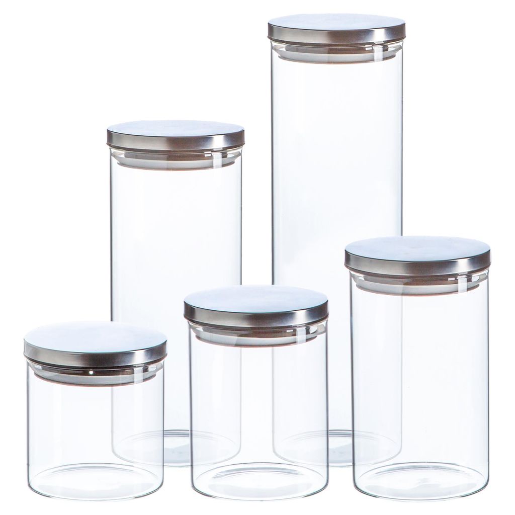 5pc Scandi Vorratsdosen-Set mit Silbermetallischen Deckeln - Klar Glas KÃ1/4che Tee Kaffee Zucker Keks Lebensmittelbehälter Kanister - Von Argon Ta