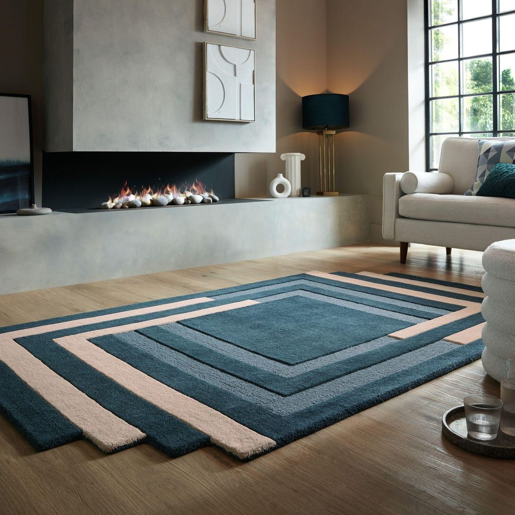 Wollteppich Labyrinth Muster, Geometrisch, Wohnzimmer Türkis-Beige Shaped 150x240 | 100% Wolle, Rücken aus 100% Baumwolle | Florhöhe: 10 cm | Ha...