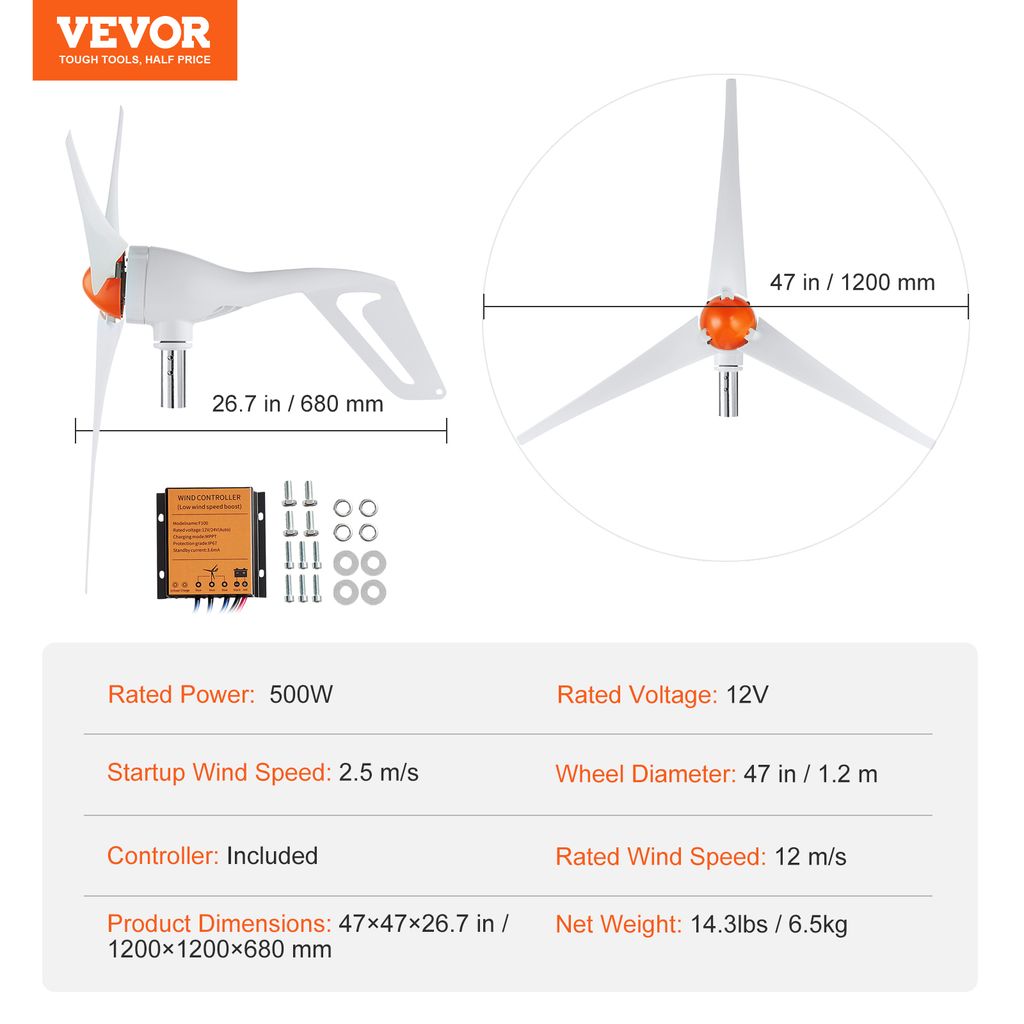 Turbina wiatrowa VEVOR 500 W 12 V 3-łopatowy generator Zdjęcie produktu 7