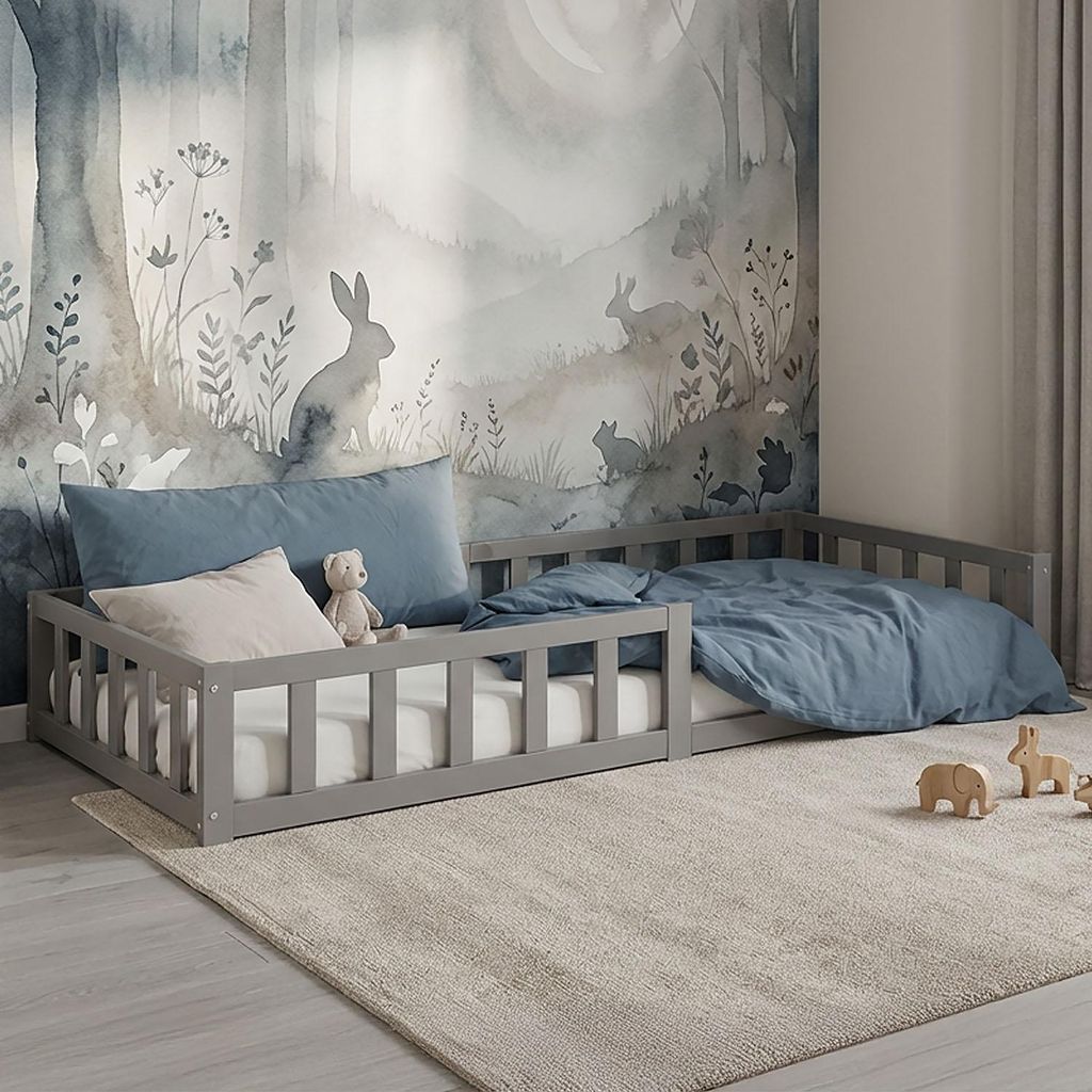 Homestyle4u Kinderbett Grau mit Rausfallschutz 90x200 cm Bodenbett Montessori Bett Lattenrost Matratze