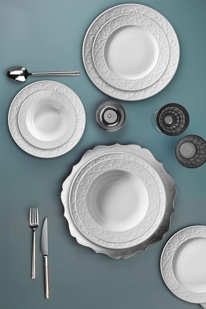 Hermia Concept, Hochwertiges 24-teiliges Dinner Set aus 100% Porzellan, Weiß | 6 Servierplatten (25x25x2 cm), 6 tiefe Teller (20x20x2,5 cm), 6 Des...