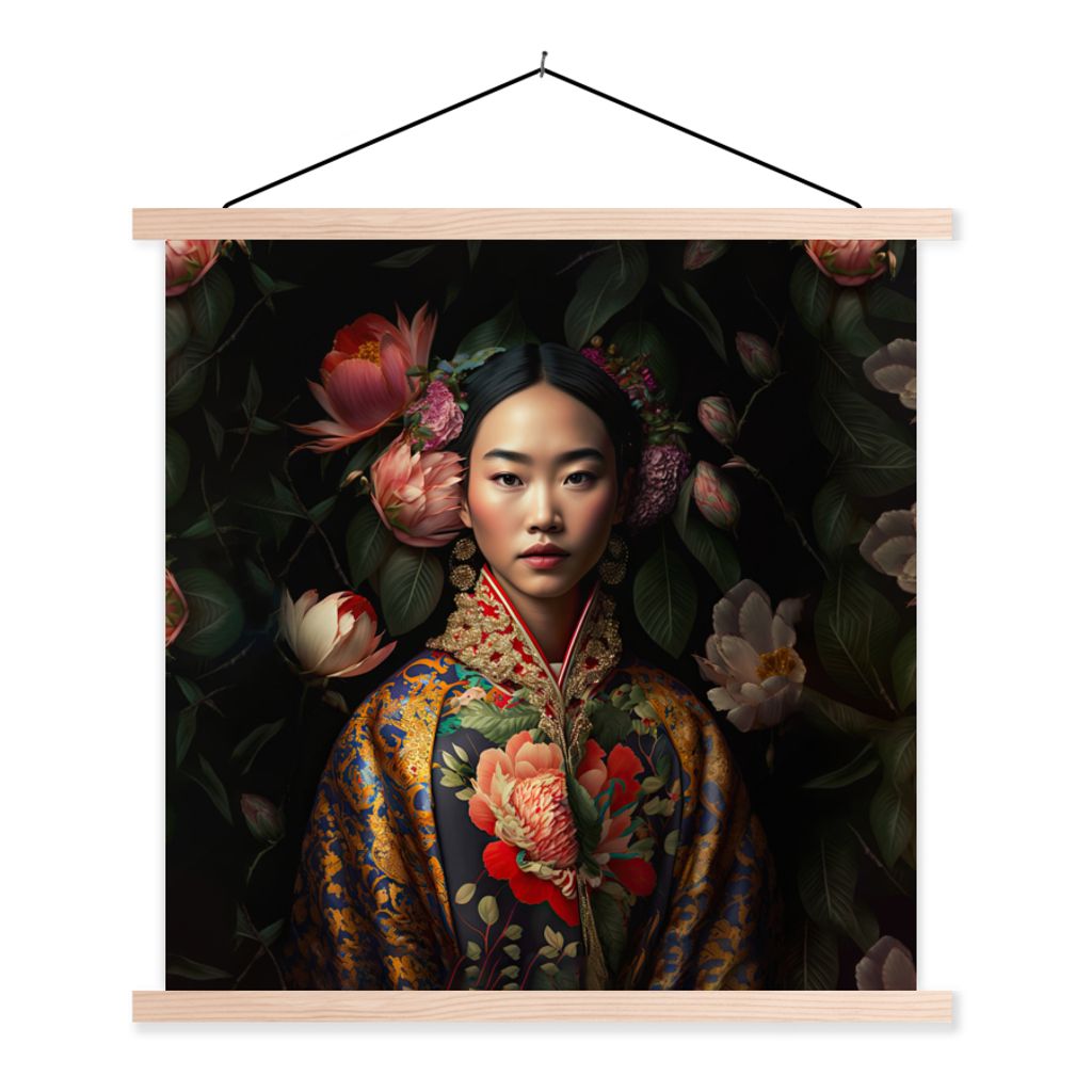 MuchoWow Textilposter Frau - Asiatisch - Kimono - Blumen - Porträt 120x120 cm mit holzfarbenen Rahmen - Textil-Poster