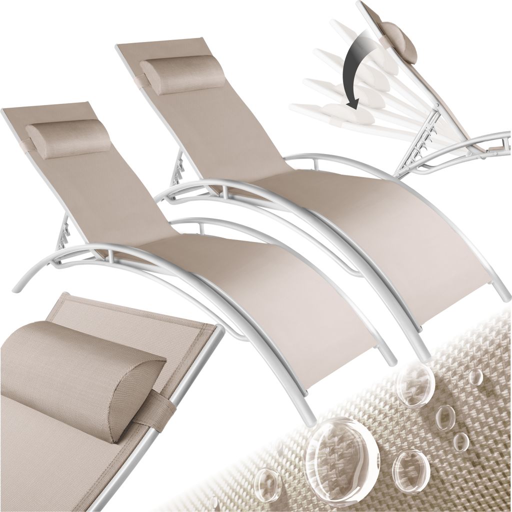 Two beige lounge chairs with silver frames are shown on a white background, with a close-up of one chair and water droplets in the foreground.