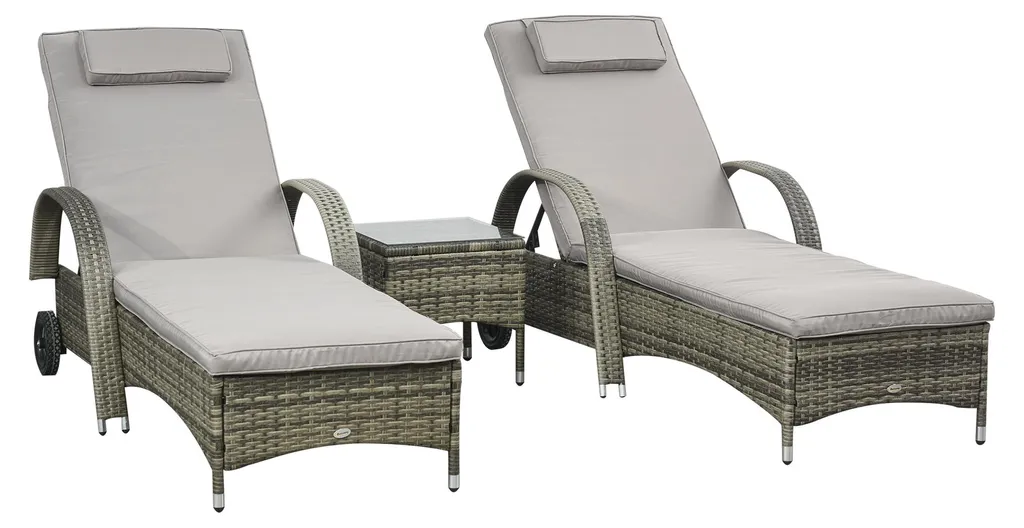 Lot 2 Bains de Soleil Gris avec Matelas Têtière et Table Basse Verre
