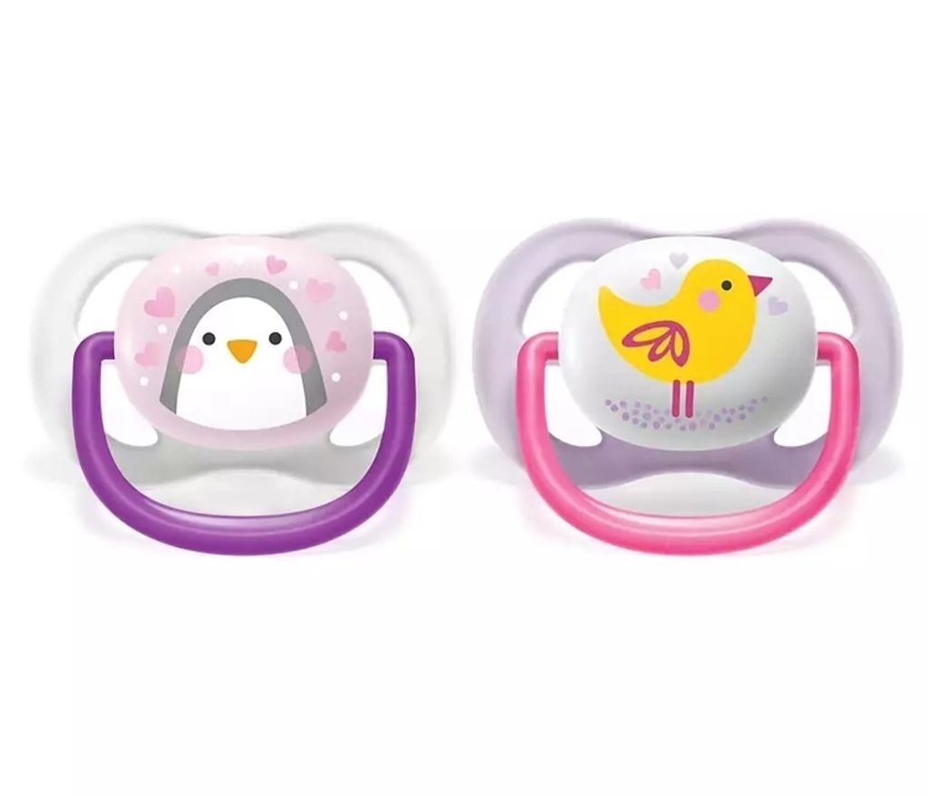 Two baby pacifiers with cartoon animal designs.