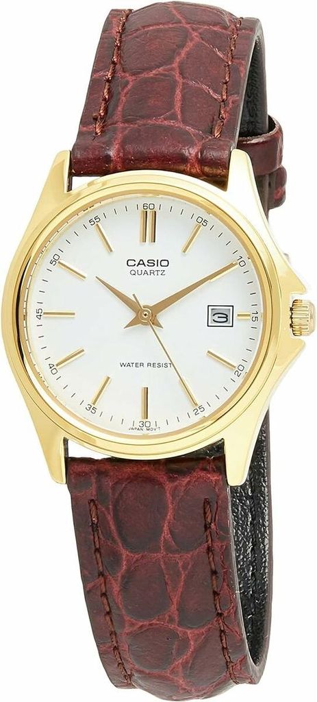 A close-up studio shot of a women's gold-tone Casio watch with a white face and a brown leather strap.