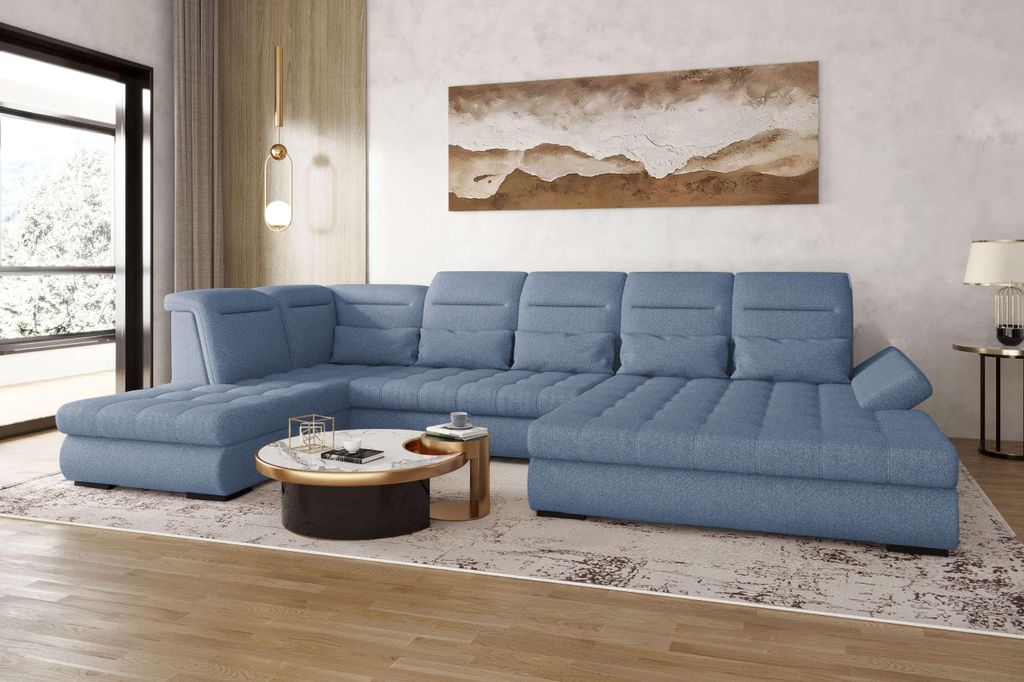 99rooms Toscana Wohnlandschaft Strukturstoff NEVE Blau Rechts mit Schlaffunktion