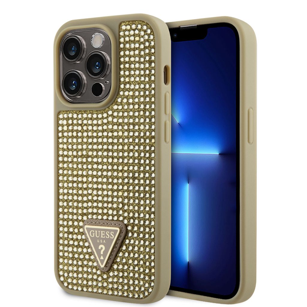A gold iPhone case with rhinestones and a Guess logo is shown next to an iPhone.
