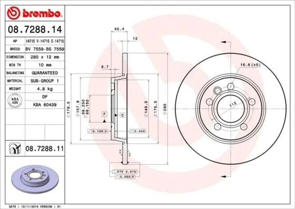 Disque de Frein Brembo 08.7288.14 Haute Teneur en Carbone pour T4 12mm Epais