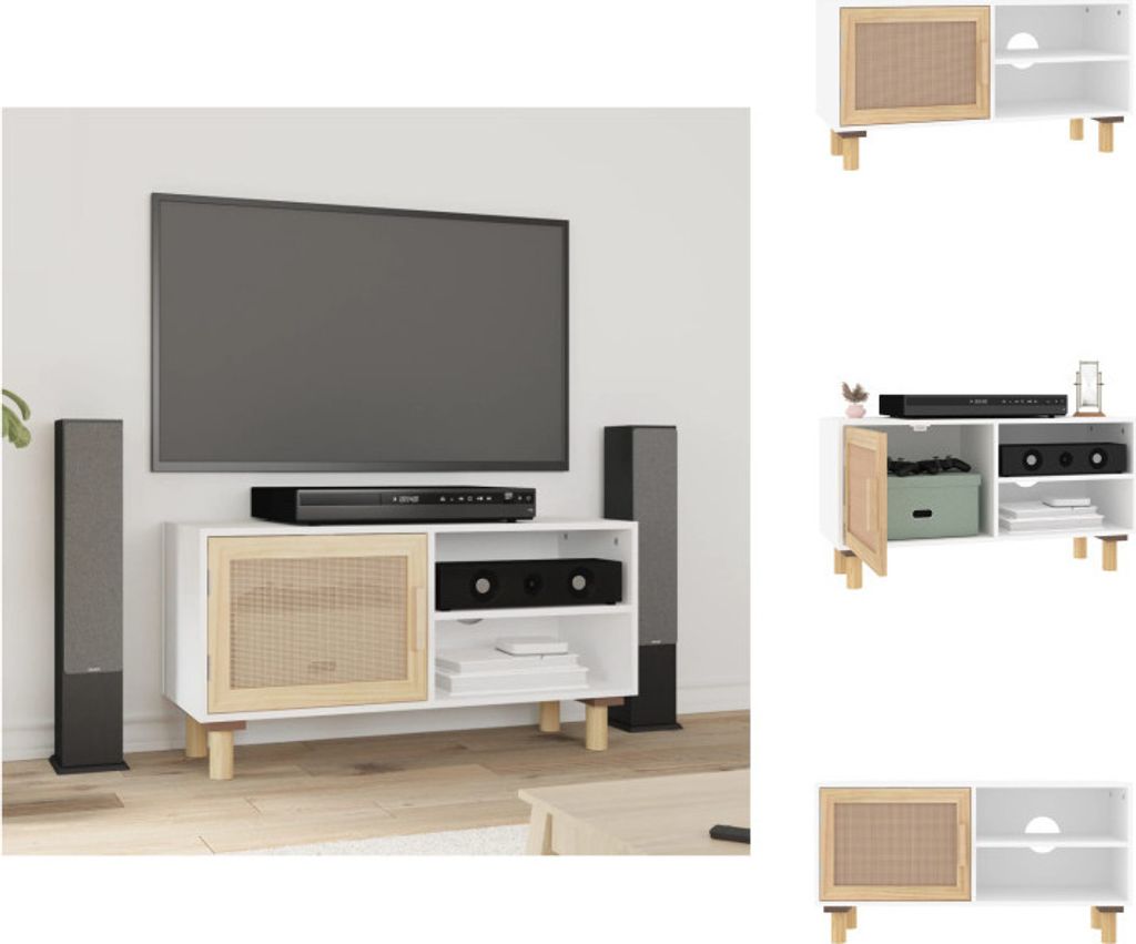 vidaXL TV-Schrank Weiß 80x30x40 cm Massivholz Kiefer und Natur-Rattan - TV-Möbel
