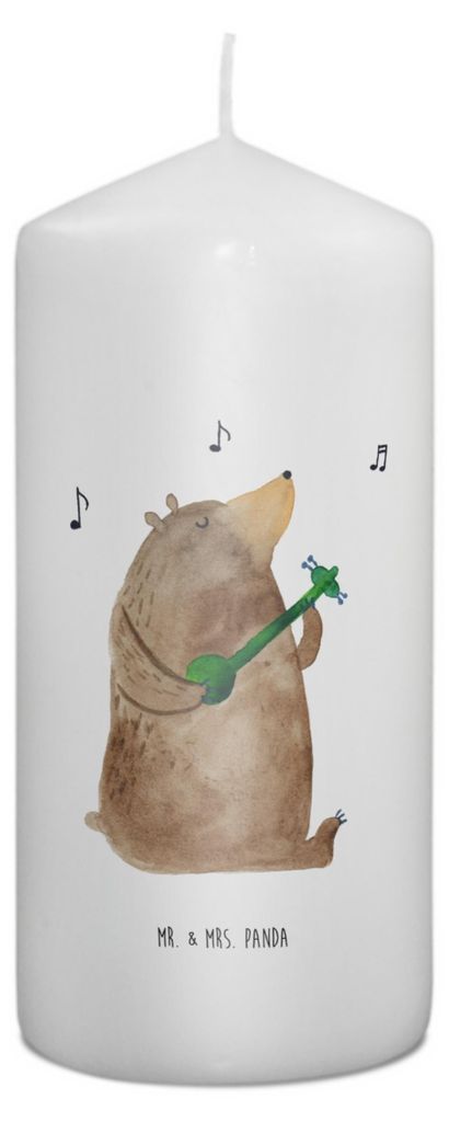 Mr. & Mrs. Panda Kerze Bär Gitarre 15 x 7 cm - Weiß - Geschenk, Wachskerze, Stumpenkerze, Teddy, Erinnerungslicht, Erinnerungskerze, Bedruckte