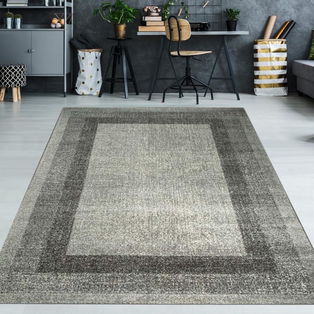 Designer Wohnzimmer Teppich Modern kurzflor vintage seitlich gekettelt in grau creme Größe - 80 x 150 cm