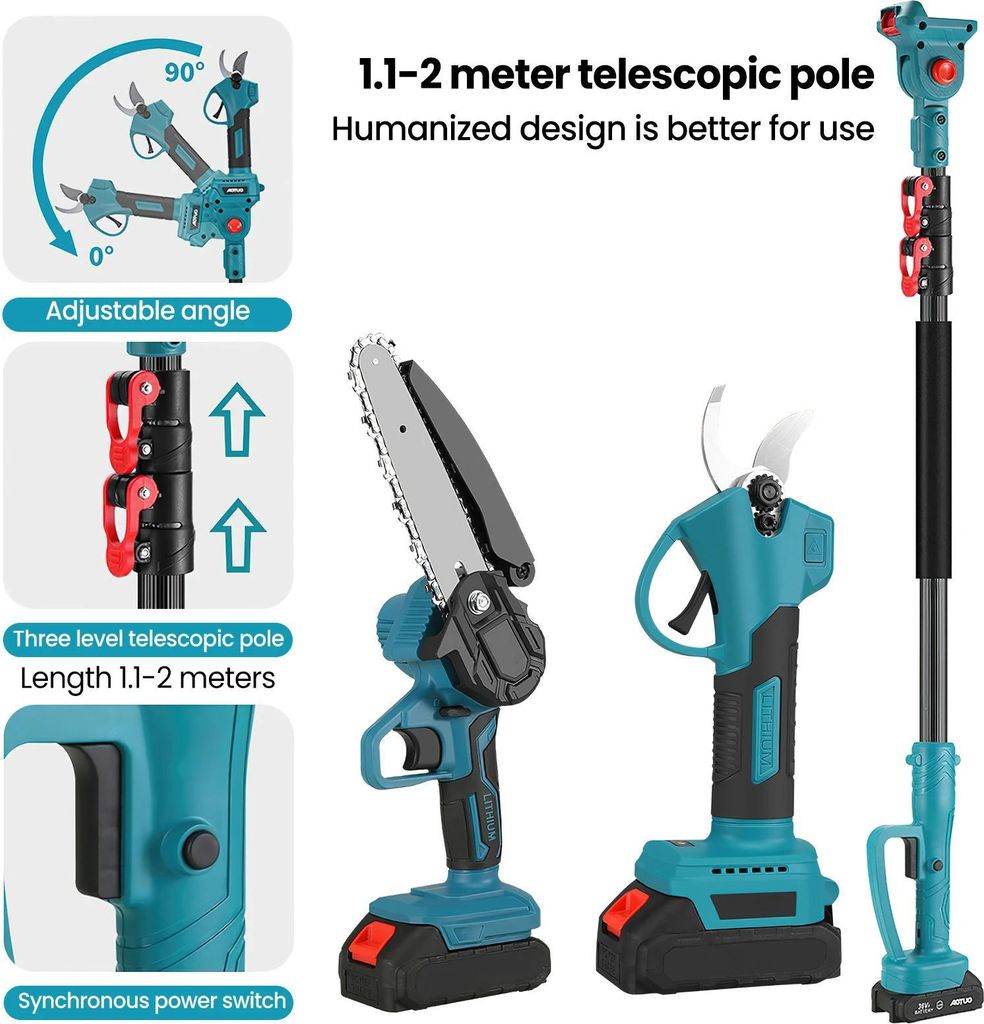 Hochentaster Set - 15 cm Elektro-Kettensäge - Astschere + Säge + lange Teleskopstange - Für 18 V Akku - Rot