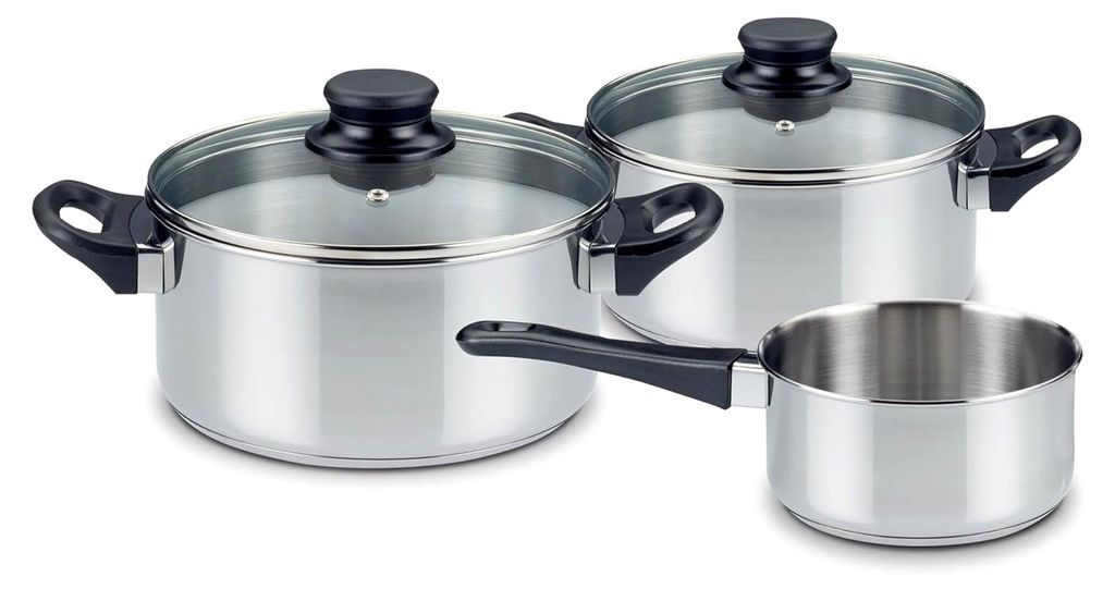 3-teiliges Topfset aus Edelstahl für Induktion, Kochtöpfe 16 cm, 20 cm mit Glasdeckel, Kasserolle 14 cm - Töpfe mit Innenskala für alle Herdart...