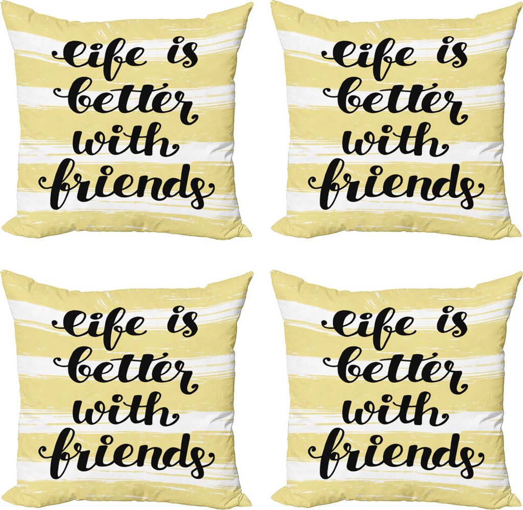 ABAKUHAUS Bester Freund Kissenbezug Set (4 Stück), Buddies Anniversary, Moderner Doppelseitiger Digitaldruck, 40 cm x 40 cm, Blassgelb Weiß
