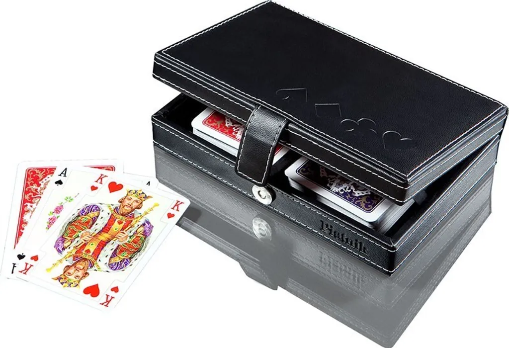 Cartes de Jeu Luxueuses dans un Écrin en Cuir Véritable Cousu Main Noir