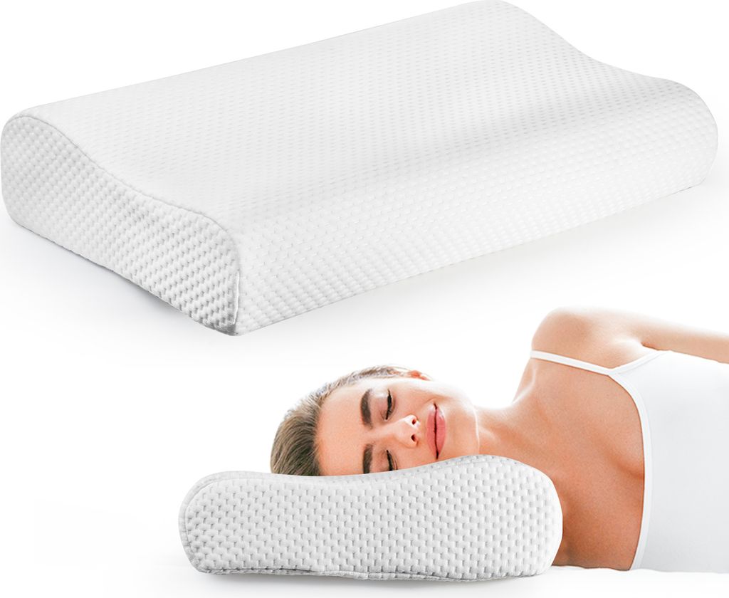 A pillow is shown above a woman sleeping on a similar pillow.