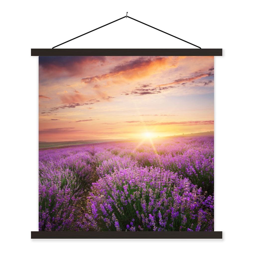 MuchoWow Textilposter Lavendel - Sonne - Blumen 90x90 cm mit schwarzem Rahmen - Magnetisches