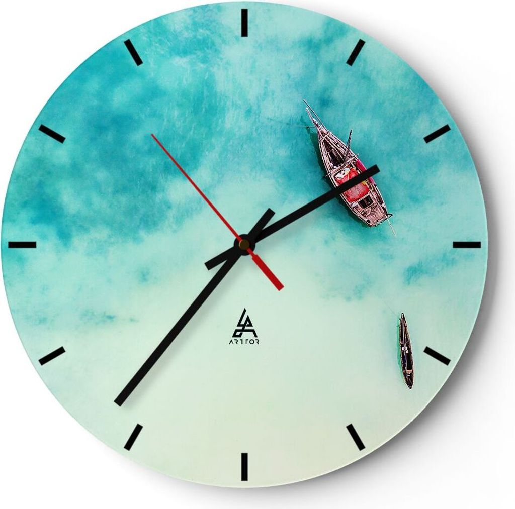 Wanduhr - Rund - Glasuhr - Insel Boot Schiff Ozean - 30x30cm - Schleichendes Uhrwerk - Lautlos - zum Aufhängen bereit - Dekoration Modern - Wandde...