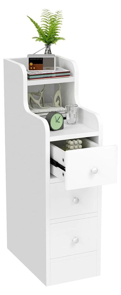 Nachttisch 70 cm hoch, schmal 20 cm, mit offenen Ablagen und 3 Schubladen, platzsparend, weiß 35x20x70cm