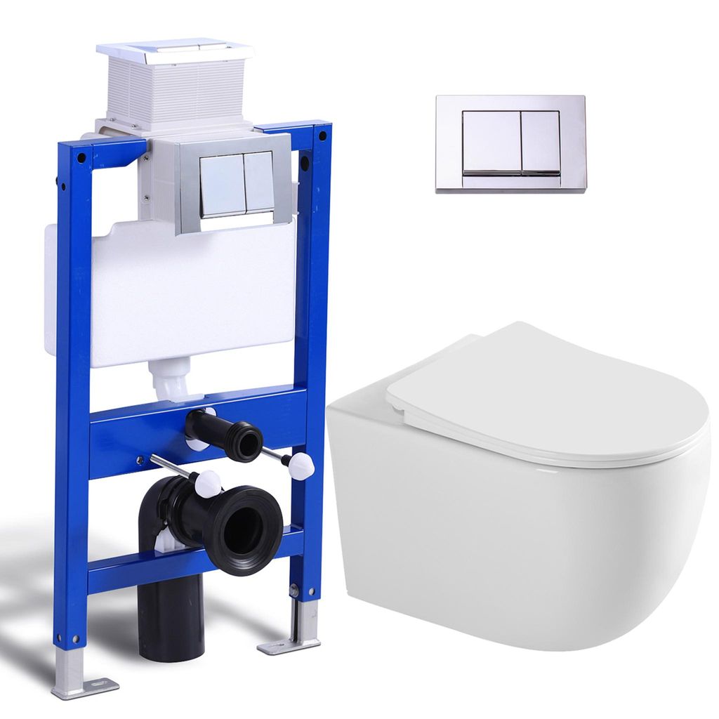 Komplett Vorwandelement Toilette Set - 82cm Unterputzspülkasten + Wand WC Toilette + Quadratische Chrome Drückplatte HOROW