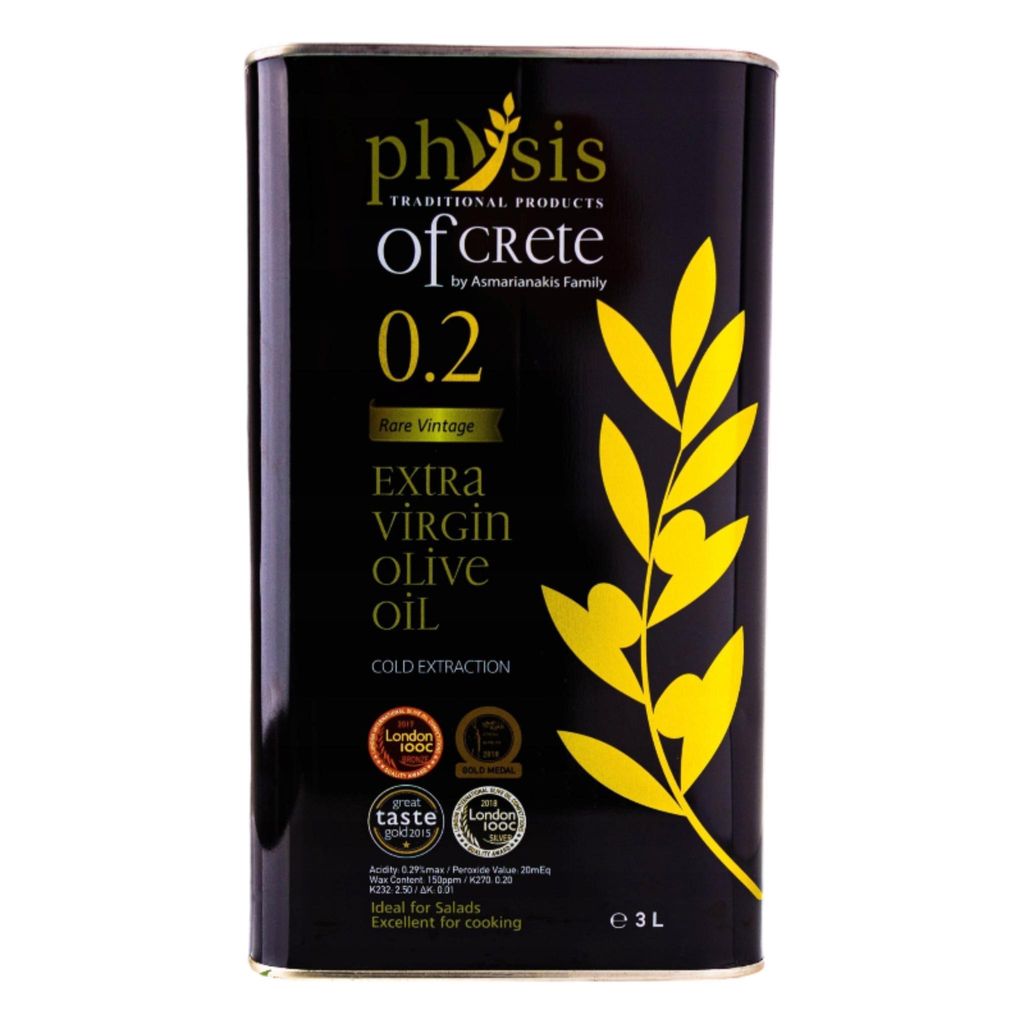 Schwarze Blechdose Olivenöl „Physis of Crete 0.2“ auf weißem Hintergrund