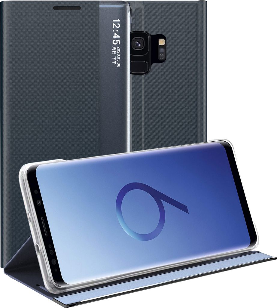 Galaxy S9 Hülle, LaimTop Slim Flip Leder Smart View Window Klappetui Schutzhülle mit Standfunktion für Samsung Galaxy S9 Navy blau