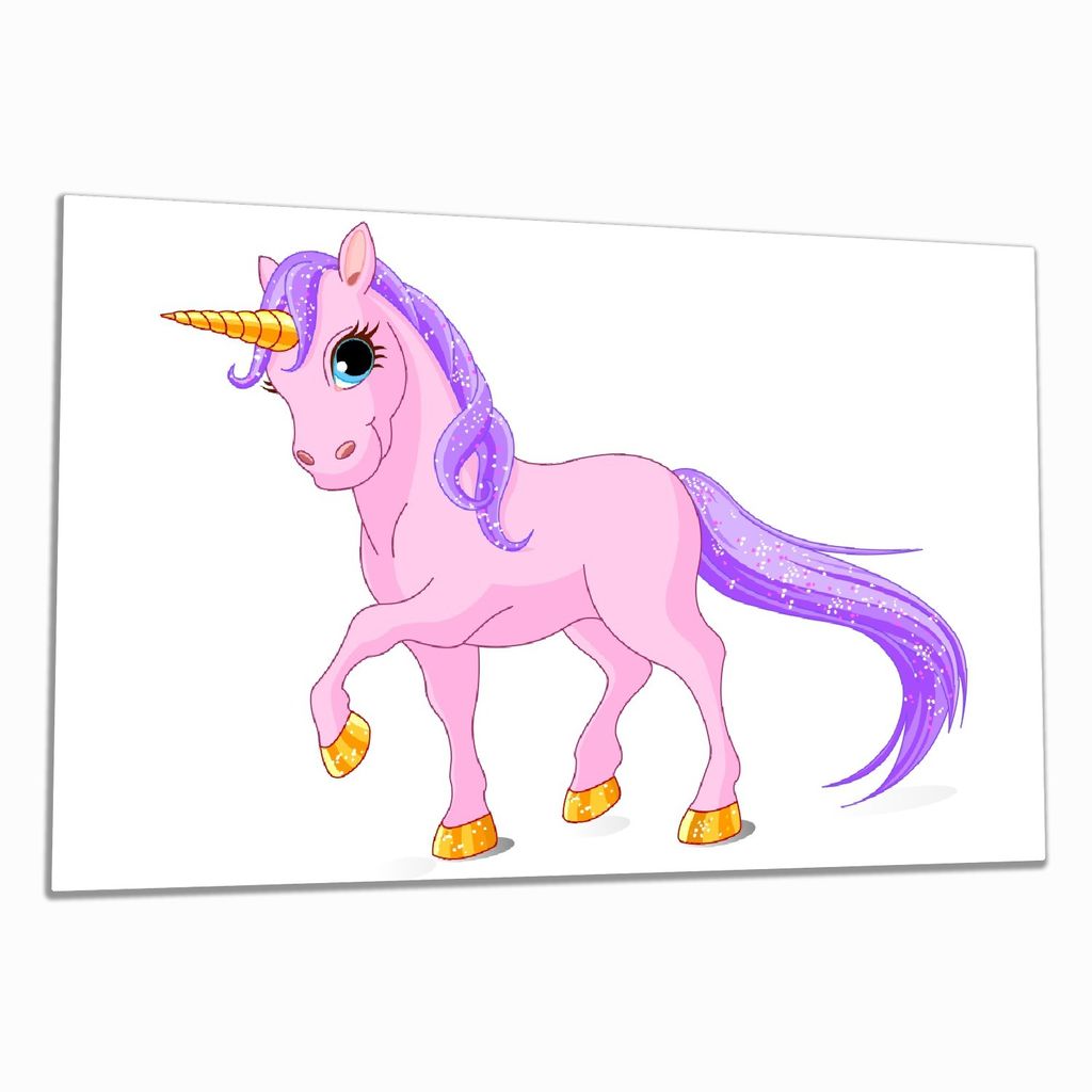 Wallario Herdabdeckplatte aus Glas, Größe 80 x 52 cm 1-teilig, Motiv Einhorn in rosa mit Schweif in lila