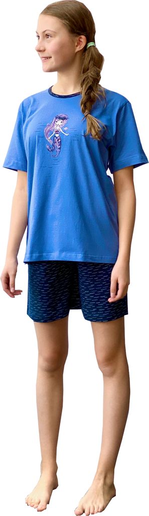 Mädchen Shorty Pyjama Schlafanzug kurzarm mit niedlicher Meerjungfrau als Motiv - 63989 ; blau , 122