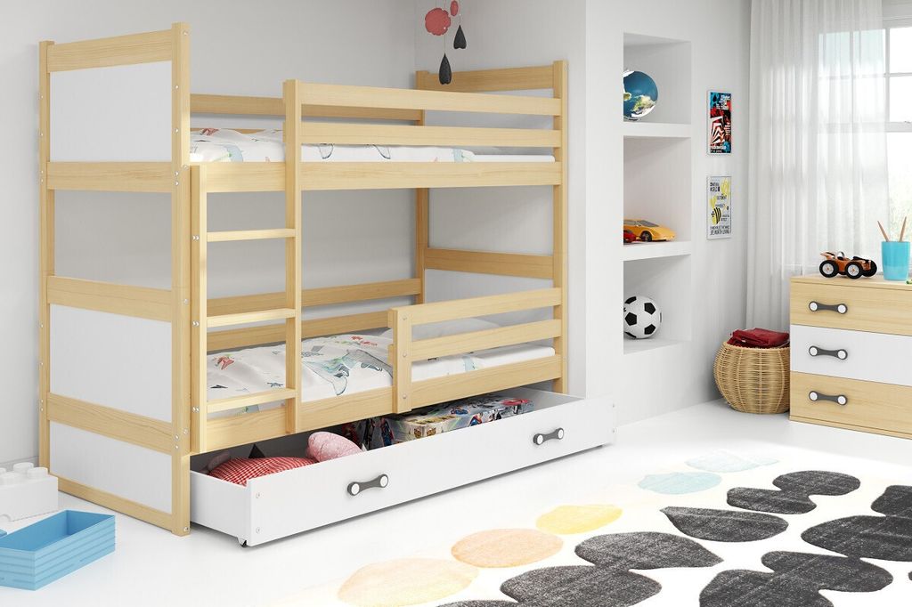Kinderhochbett mit Stauraum und Matratzen 80x160 FERGUS – Kiefer / Weiß
