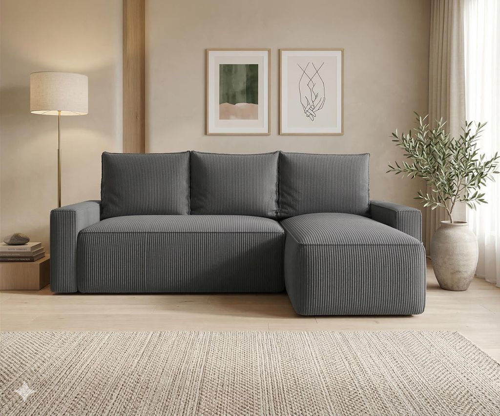 CORNERO Ecksofa mit Schlaffunktion HAVANA in L-Form Sofa mit Schlaffunktion und Bettkasten EckcouchEcksofa L-Form Dunkelgrau Ottomane Rechts