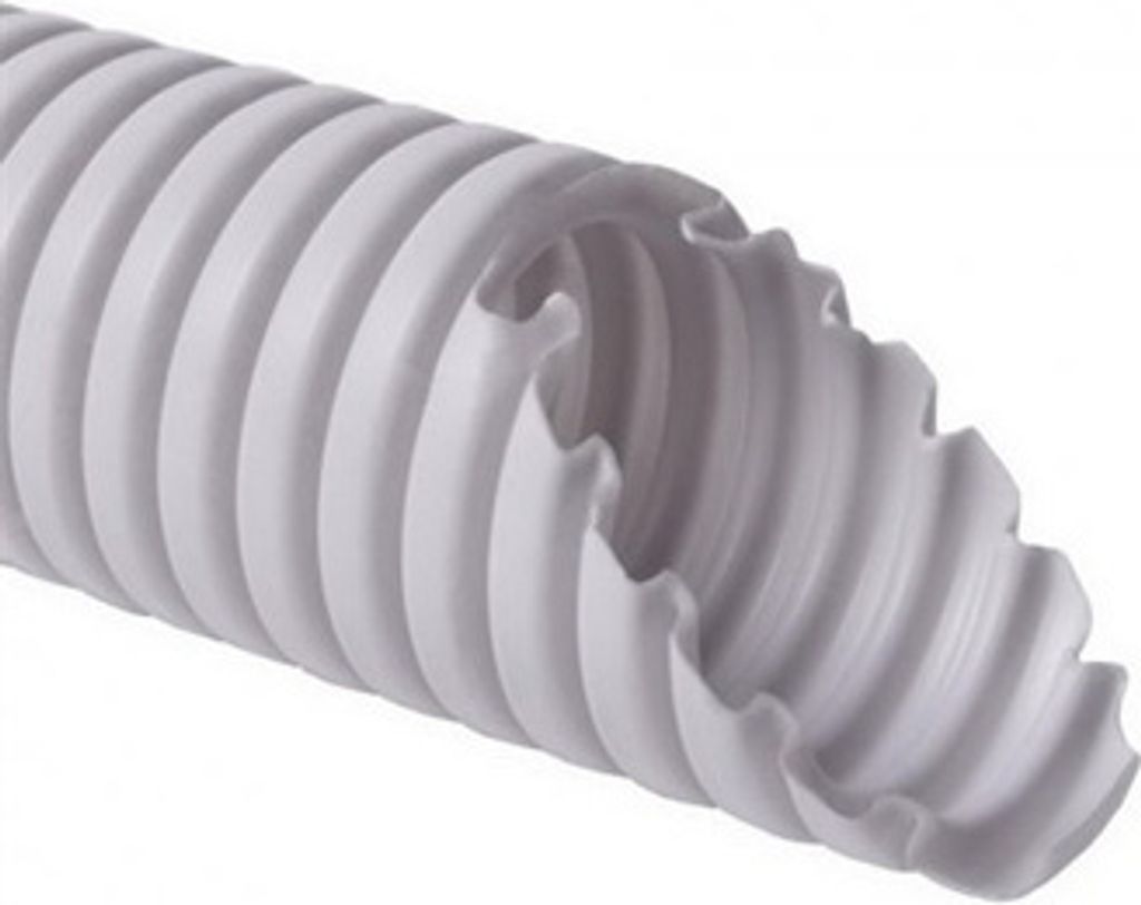 A close-up, studio shot of a white, flexible, corrugated tube.