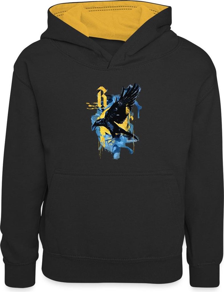 Spreadshirt Harry Potter Haus Ravenclaw Rabe Kinder Kontrast-Hoodie, S (5/6 Jahre), Schwarz/Gold
