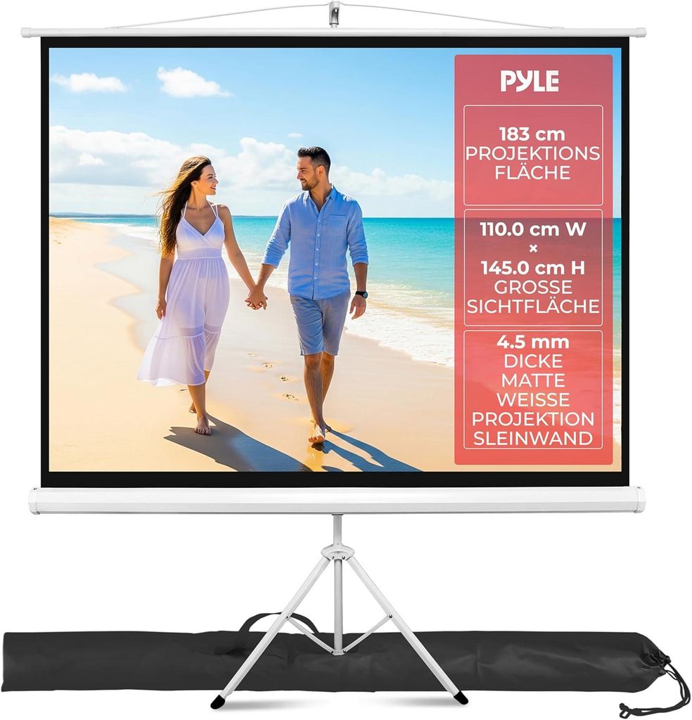 Pyle Leinwand Beamer Rollo, 72 Zoll 4:3 –Projektor Leinwand 110×145 cm mit Stativ, Tragbar, Faltbar & Windresistent, Ausziehbar für Indoor/Outdoor