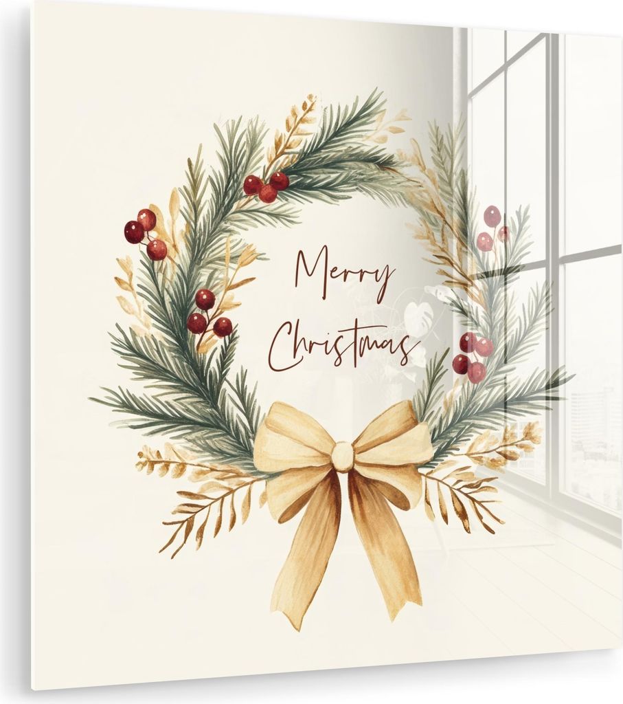 MuchoWow Glasbilder - Bilder auf Wandbild - Foto auf Glas Weihnachtskranz - Weihnachten - Gold - Beige 90x90 cm Wanddekoration aus Glas - Acrylglas...
