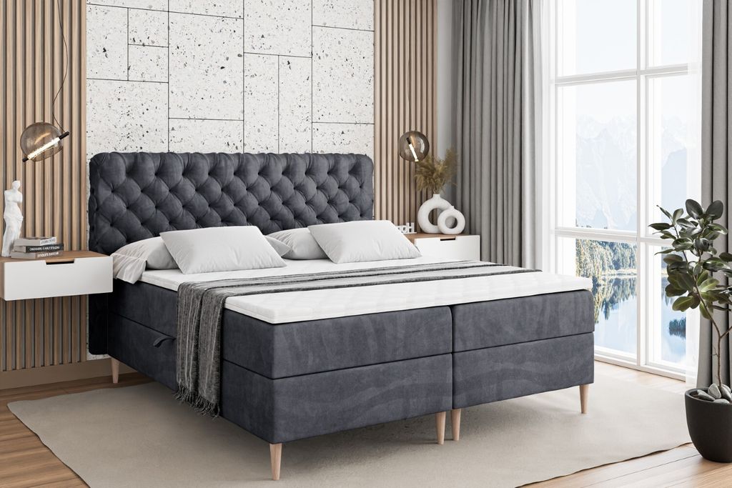 ALTDECOR Boxspringbett mit Holz Füßen, Matratze und Lattenrost, Boxbett, Topper, Polsterbett mit Bettkasten, Bett mit Stauraum H3-Matratze, Doppe...