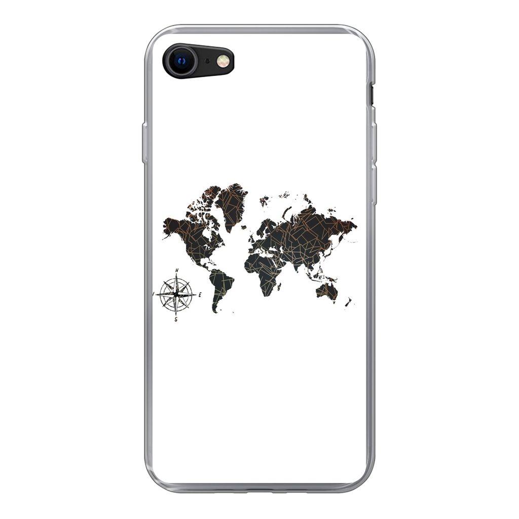 MuchoWow Handyhülle Schutzhülle Hülle für iPhone SE 2022 Weltkarte - Gold - Schwarz - Windrose Silikon Softcase Handy Hülle - Schutzhülle