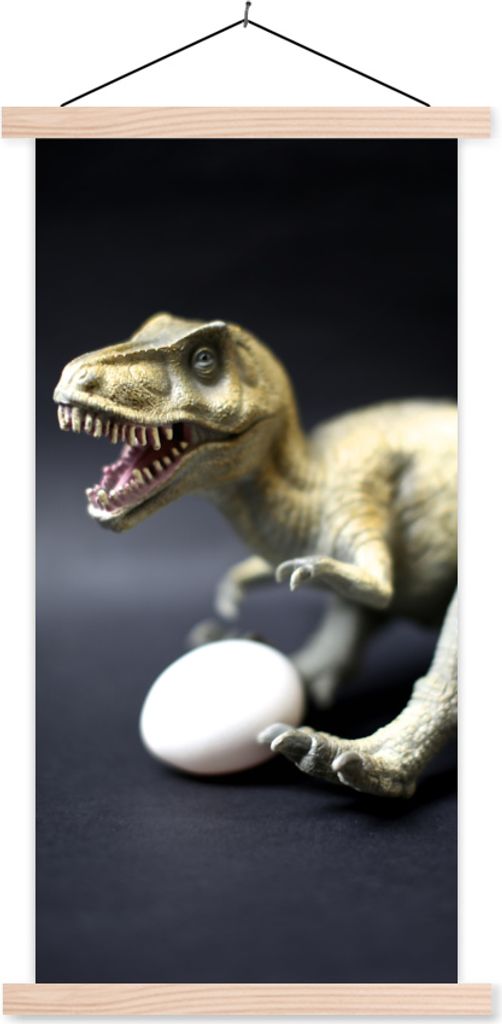 MuchoWow Textilposter Dinosaurier-Ei - weiß 60x120 cm mit holzfarbenen Rahmen - Holz