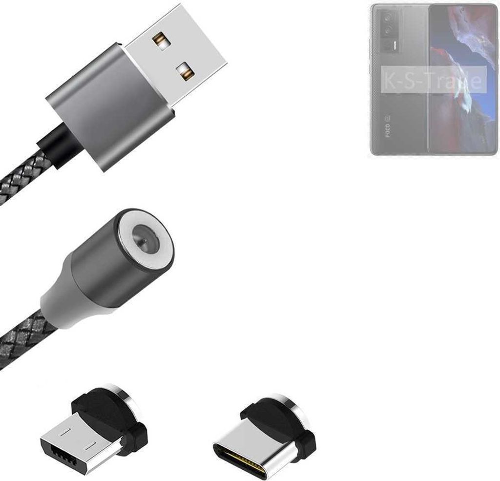 K-S-Trade Hochwertiges Magnet-Lade-kabel Sync-Kabel Daten-Kabel für POCO F5 Pro mit USB-Typ-C-Anschluss und Micro-USB-Anschluss 2A bis zu 480mbps