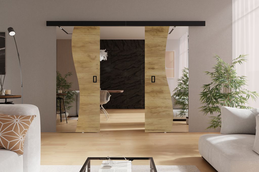 Schwebetür mit Spiegel 130 cm Kaja Duo - Design Schiebetür, Wohnzimmer, Zimmertür, Schiebetürsystem (Craft Eiche)