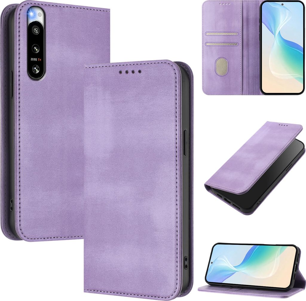 Handyhülle für Sony Xperia 5 IV, Vintage Leder RFID Schutz Kartenfach Standfunktion Magnetische Klapphülle Violett