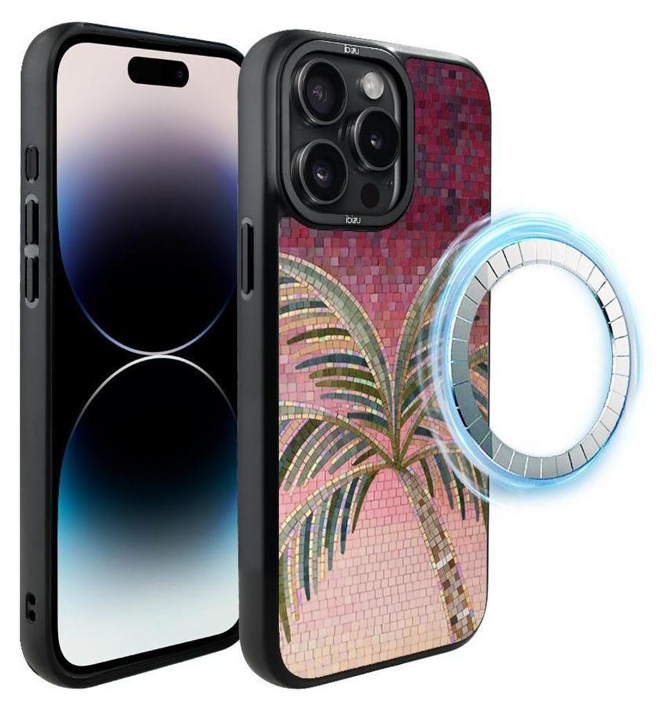 Schutzhülle für das iPhone 14 Pro Max, MagSafe-kompatibel, mattschwarze Seiten, Palmen, Mosaik