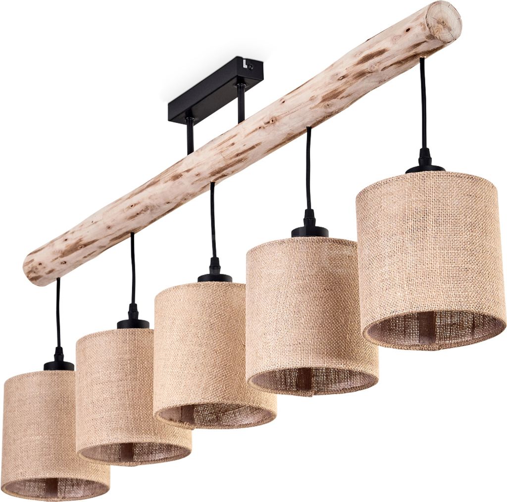 Tubione moderne Deckenlampe aus Holz/Metall/Leinen in Natur/Schwarz/Beige