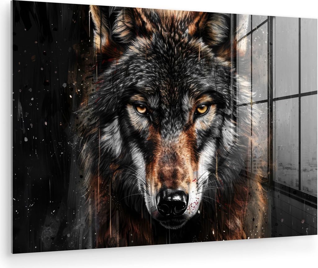 MuchoWow Glasbilder - Bilder auf Wandbild - Foto auf Glas Tiere - Wolf - Porträt - Schwarz - Braun 30x20 cm Wanddekoration aus Glas - Acrylglasbil...